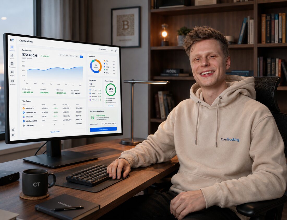 Person working at desk with CoinTracking on monitor