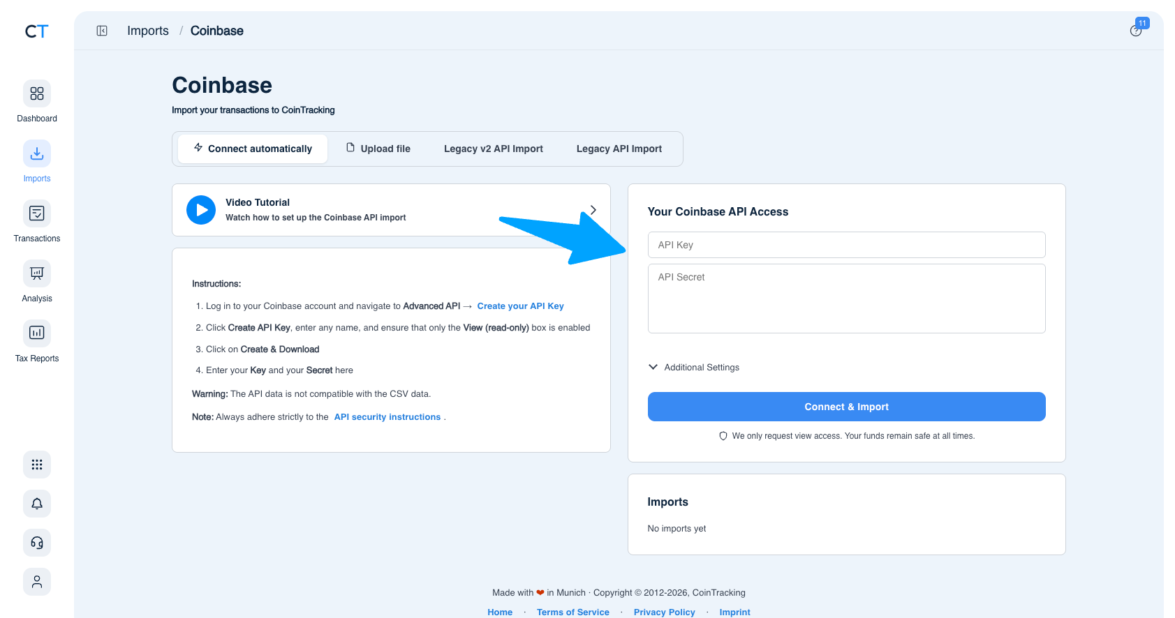CoinTracking Coinbase 수입 페이지에서 API 키와 API 비밀 필드로 자동 연결 탭을 표시합니다