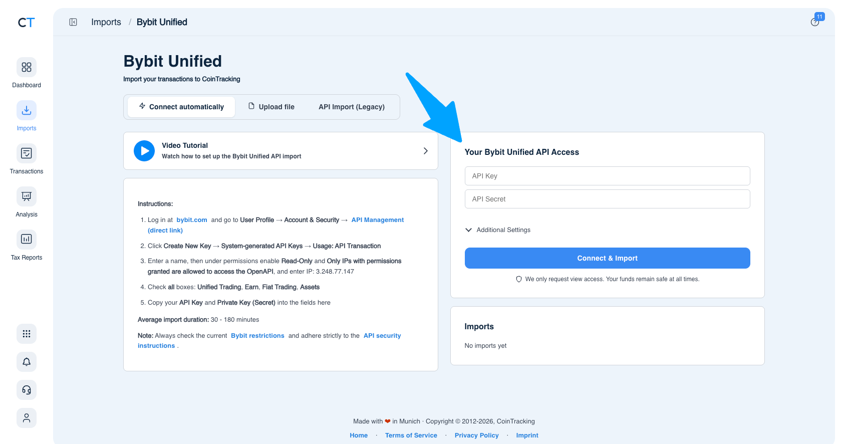 CoinTracking Bybit Εναποιημένη σελίδα εισαγωγής που δείχνει το καρτέλο Συνδέστε αυτόματα με τα πεδία Κλειδί API και Μυστικό API