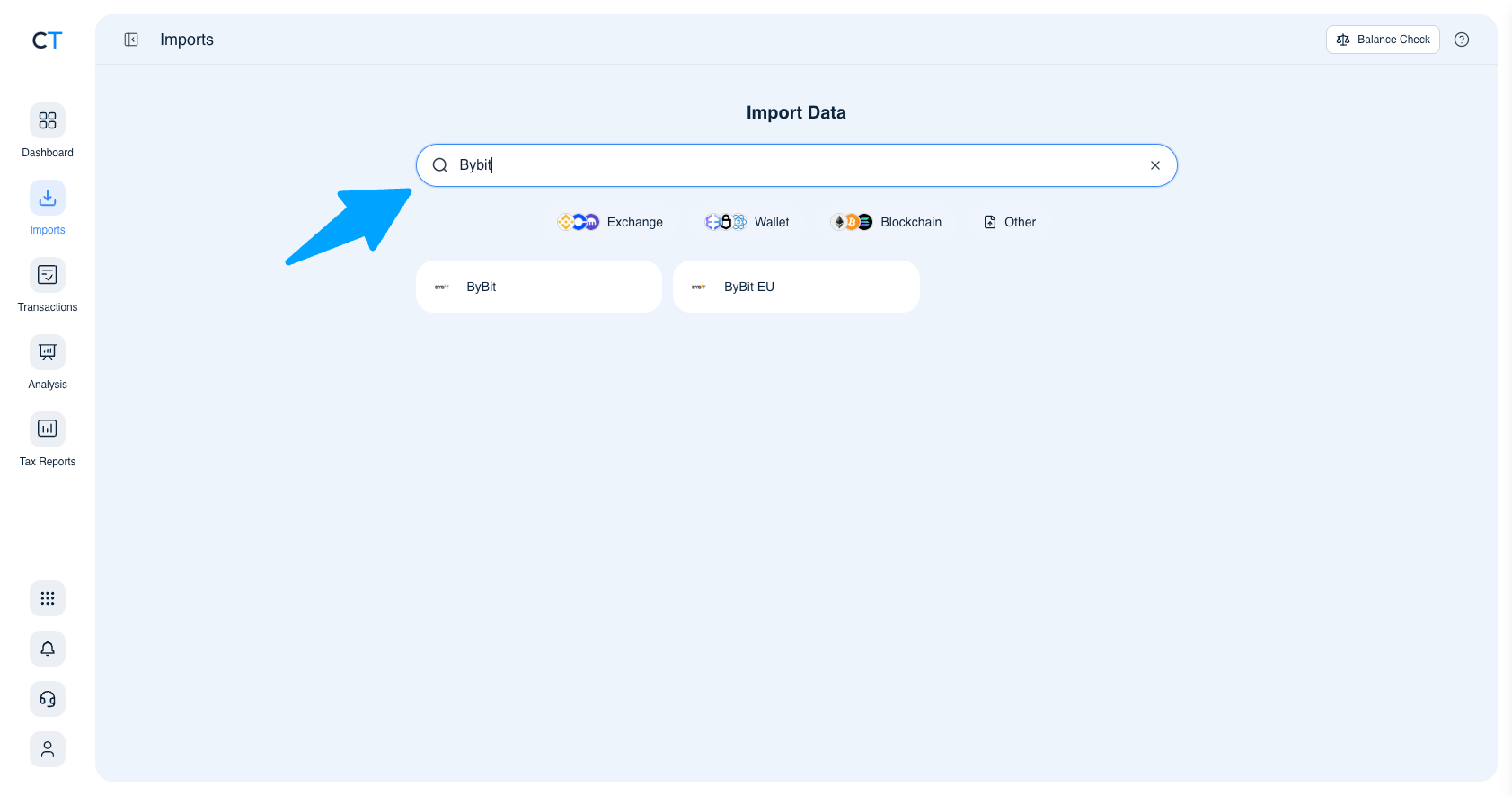 CoinTracking Αναζήτηση εισαγωγής που δείχνει αποτελέσματα της ΕΕ από το ByBit και το ByBit